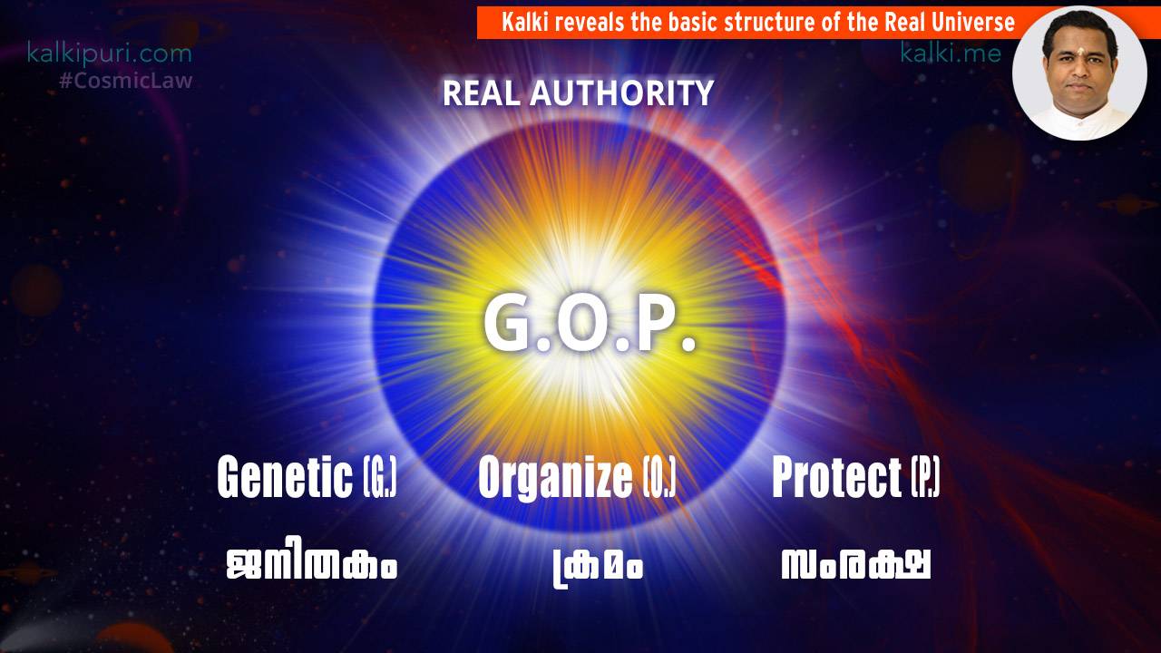Kalki Avatar: Real Universe. Cosmic Law [Basic structure: Genetic. Organize. Protect. (G.O.P.)]. Kalki is the 10th incarnation of Lord Vishnu and founder of Kalkipuri estd. in 2001 at His birth place.